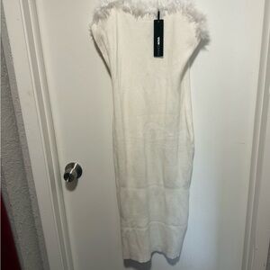 Fashion Nova White Spaghetti Strap Ribbed Knit Midi Dress with Faux Fur Trim